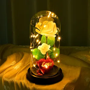 Cúpula de cristal de rosa LED flor eterna regalo de San Valentín decoración luz nocturna romántica