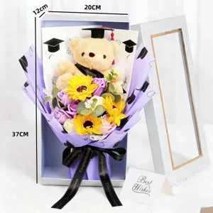 Graduation gift box bouquet with plush bear sunflower soap flowers and elegant packaging.