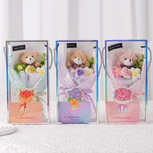 Handmade Knitted Flower Bouquet With Teddy Bear Plush Toy In Holographic Gift Box Valentine Day Gift For Women Girls