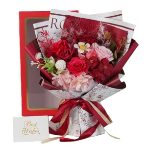 Elegant red and pink soap rose bouquet with premium gift box and Best Wishes card detail