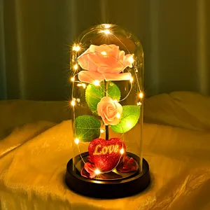 Rosa eterna en cupula de cristal con luces LED, romantico regalo para San Valentin.