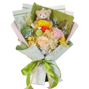 Detailed macro view of a colorful soap rose bouquet with a plush teddy bear for Valentine's