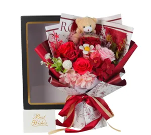 Detail of soap rose bouquet with teddy bear and elegant gift box for Valentine's Day