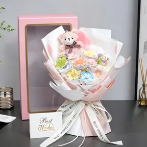 Ramo de flores de cerámica rosa con caja de regalo de oso para San Valentín cumpleaños