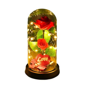 Rosa Eterna Cúpula de Vidrio Luz LED Regalo San Valentín Flor Artificial Decoración