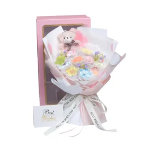 Ramo de flores de cerámica Jingdezhen con osito, regalo romántico perfecto para San Valentín.
