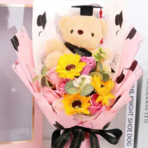 Graduation plush bear sunflower soap flower bouquet gift box hand-held floral arrangement main image