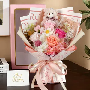 Elegant preserved rose soap flower bouquet with teddy bear gift box for Valentine's Day