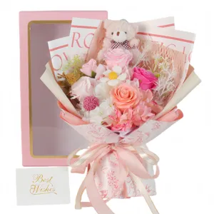 Valentine's Day preserved rose bouquet gift set with teddy bear in premium pink box