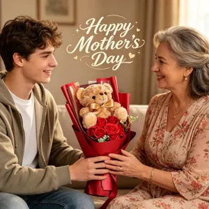 Detailed view of cute teddy bear plush flower bouquet with red soap roses for romantic gift.
