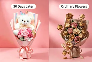 Artificial soap rose flower bouquet with cute plush bear doll for graduation gift display.