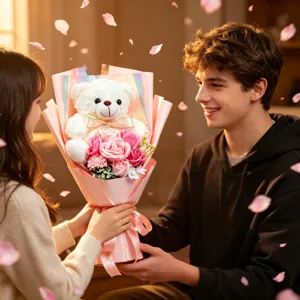 Romantic soap flower bouquet with cute white teddy bear gift for Valentine's Day.