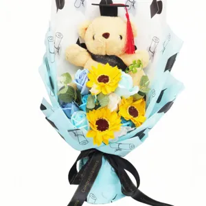 Abschluss Bär Sonnenblume Seifenblumen Strauß, süßes Plüschtier Geschenk für Studenten.
