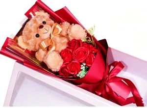 Teddy bear soap rose bouquet gift box, romantic Valentine gift with plush toy and flowers.