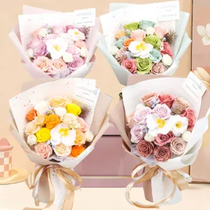 Various colors of Manta rose soap flower bouquets with elegant MOON FLOWER gift cards