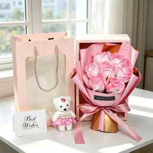 7 pink soap roses bouquet gift box set with plush bear and card for Valentine's Day