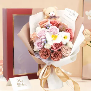 Detail of 18 soap roses bouquet with teddy bear and Best Wishes card in a gift box