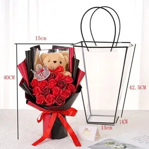 Detail view of soap rose bouquet with teddy bear and transparent gift bag dimensions