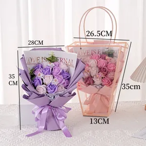Soap flower rose bouquet dimensions 35cm high with transparent gift bag packaging