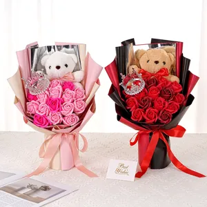 Soap rose bouquets with plush teddy bears and crowns for romantic Valentine's Day gifts