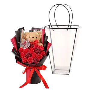 Artificial soap rose bouquet with teddy bear and transparent gift bag for Valentine's Day