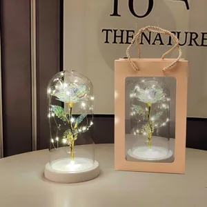 Galaxy gold foil artificial rose flower in glass dome with gift bag LED light romantic gift