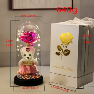 Eeuwige roos beer glazen koepel met LED licht en geschenkdoos, romantisch cadeau.