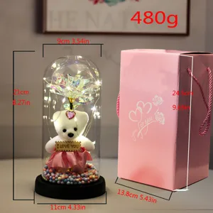 LED kunstmatige roos bloem beer glazen koepel cadeau met roze doos voor valentijnsdag decoratie
