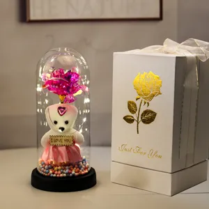Eeuwige Roos Beer Glazen Koepel LED Lichtje Valentijnsdag Cadeaueldoos Decoratie