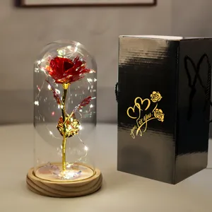 Rosa galassia in cupola di vetro con luci LED e confezione regalo nera elegante