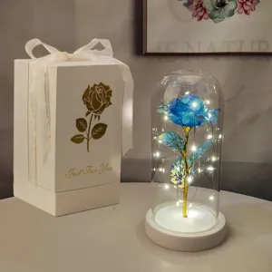 Splendida rosa blu luminosa a LED in cupola di vetro con elegante scatola regalo bianca