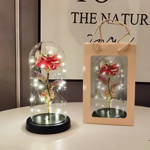 Detail view of the glowing gold foil rose inside a clear glass dome with gift box setup.