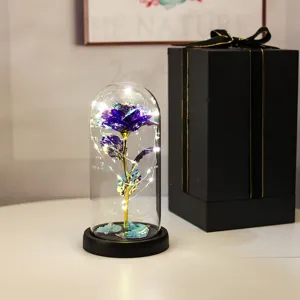 Détail d'une rose galaxie irisée sous dôme de verre avec lumières LED et coffret cadeau premium