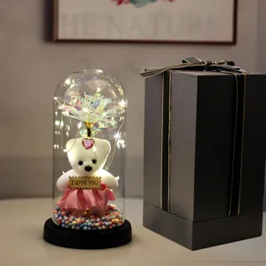 Eeuwige galaxy roos teddybeer in glazen koepel met LED verlichting en geschenkdoos voor Valentijn.