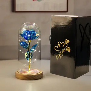 Dettaglio rosa galassia blu in cupola di vetro con LED e scatola regalo elegante