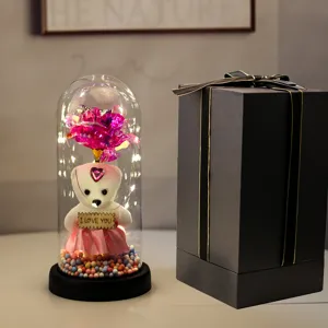 LED Roos Beer Glazen Koepel Geconserveerde Bloem Valentijnsdag Gift Box Romantisch Decor