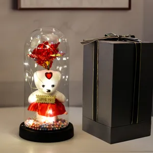 LED roos beer glazen koepel cadeautje Valentijnsdag, kunstmatige bloem decoratie.