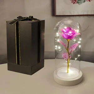 Vista dettagliata della rosa LED viola in cupola di vetro con luci e scatola regalo