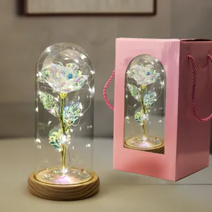 Dettaglio della rosa galassia in cupola di vetro con LED e confezione regalo rosa