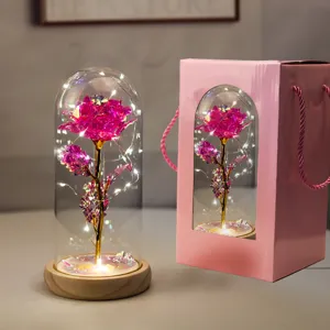 Rosa artificiale in foglia d'oro in cupola di vetro con LED e confezione regalo rosa