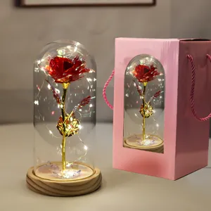 Dettaglio macro della rosa rossa artificiale in cupola di vetro con luci LED e confezione