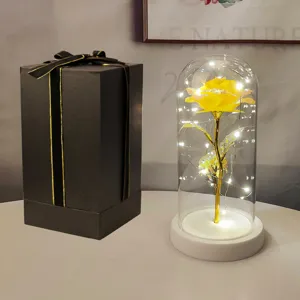 Luce notturna a rosa gialla a LED in cupola di vetro con luci e elegante confezione regalo nera