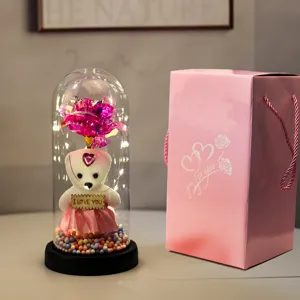 Eeuwige roos in glazen stolp met schattige knuffelbeer en led-lampjes, romantisch cadeau.