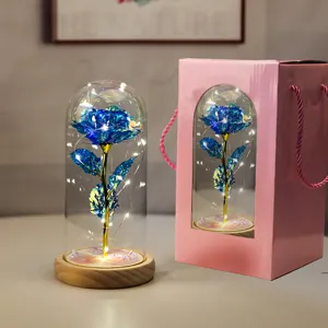 Dettaglio della rosa galassia blu in cupola di vetro con luci LED e scatola regalo rosa