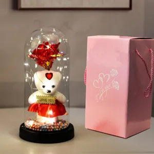 Romantisch LED Roos Glazen Koepel Teddybeer Nachtlampje Valentijn Cadeau Doos Decor