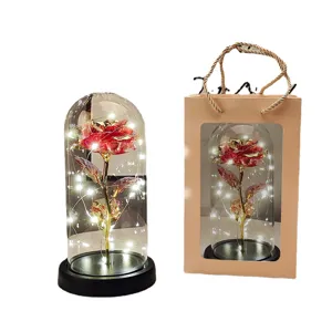 Valentine's Day Gold Foil Rose Glass Dome Light LED Artificial Flower Gift with Bag