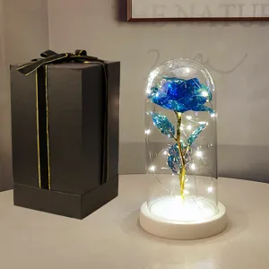 Dettaglio della rosa galassia blu in cupola di vetro con luci LED e confezione regalo