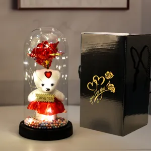 LED glazen koepel roos beer geschenkdoos, romantische Valentijnsdag decoratie licht thuis.