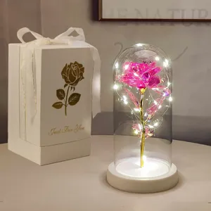 Dettaglio rosa LED in cupola di vetro con elegante confezione regalo per San Valentino