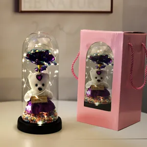 Geconserveerde roos glazen koepel met LED licht kunstbloem beren ornament geschenkdoos Valentijnsdag